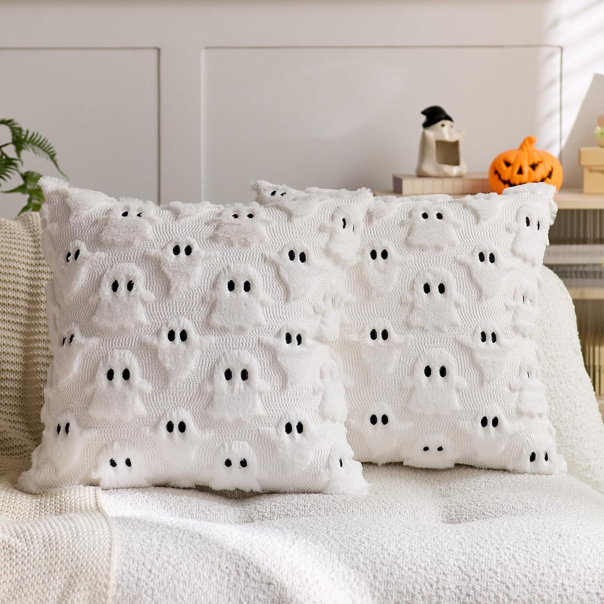 White Ghost Faux Fur Throw Pillow Covers - 18x18in, Set of 2