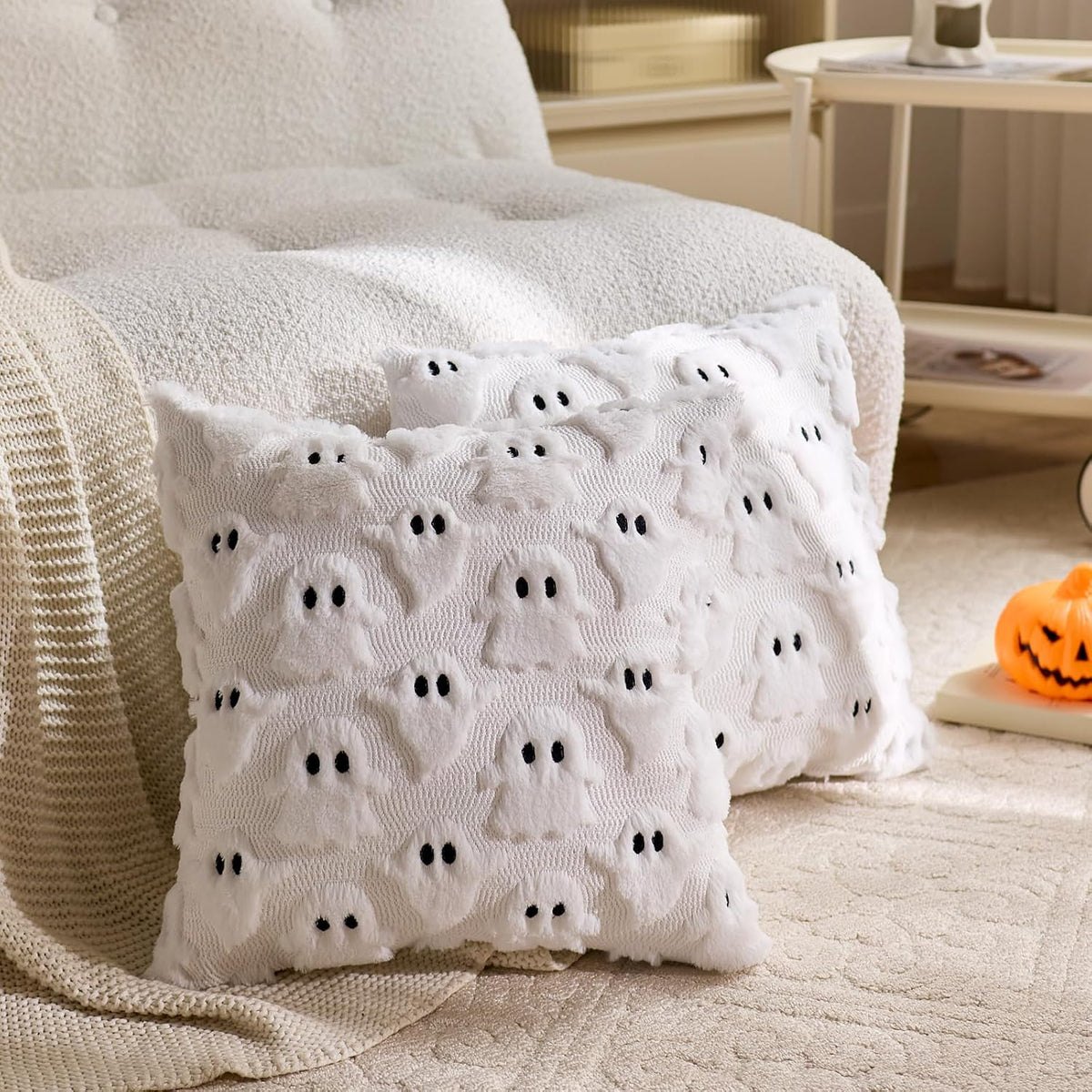 White Ghost Faux Fur Throw Pillow Covers - 18x18in, Set of 2