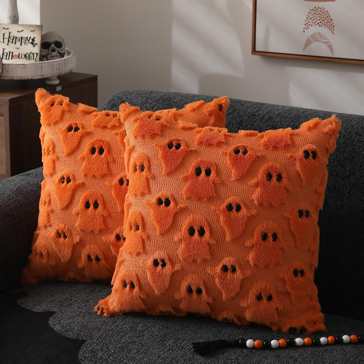 Orange Ghost Faux Fur Throw Pillow Covers - 18x18in, Set of 2