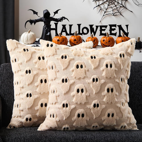 Beige Ghost Faux Fur Throw Pillow Covers - 18x18in, Set of 2