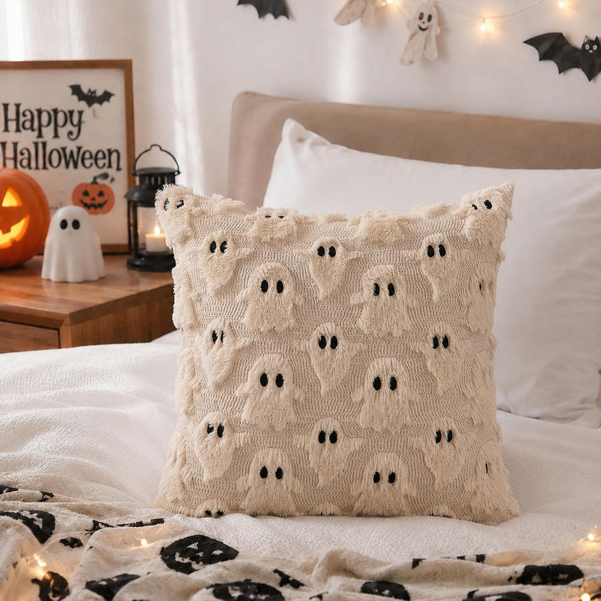 Beige Ghost Faux Fur Throw Pillow Covers - 18x18in, Set of 2