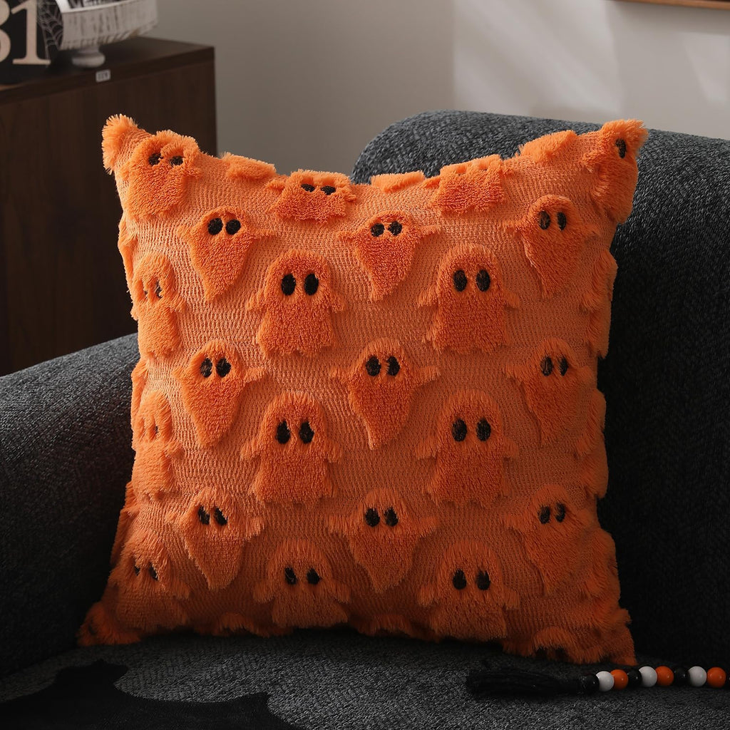 Orange Ghost Faux Fur Throw Pillow Covers - 18x18in, Set of 2