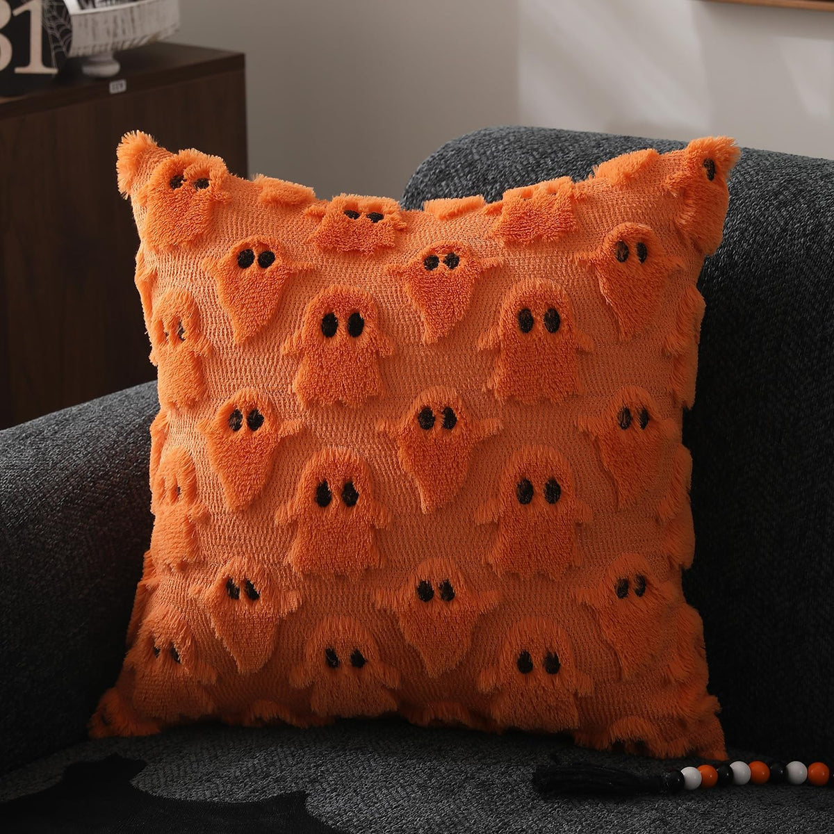 Orange Ghost Faux Fur Throw Pillow Covers - 18x18in, Set of 2