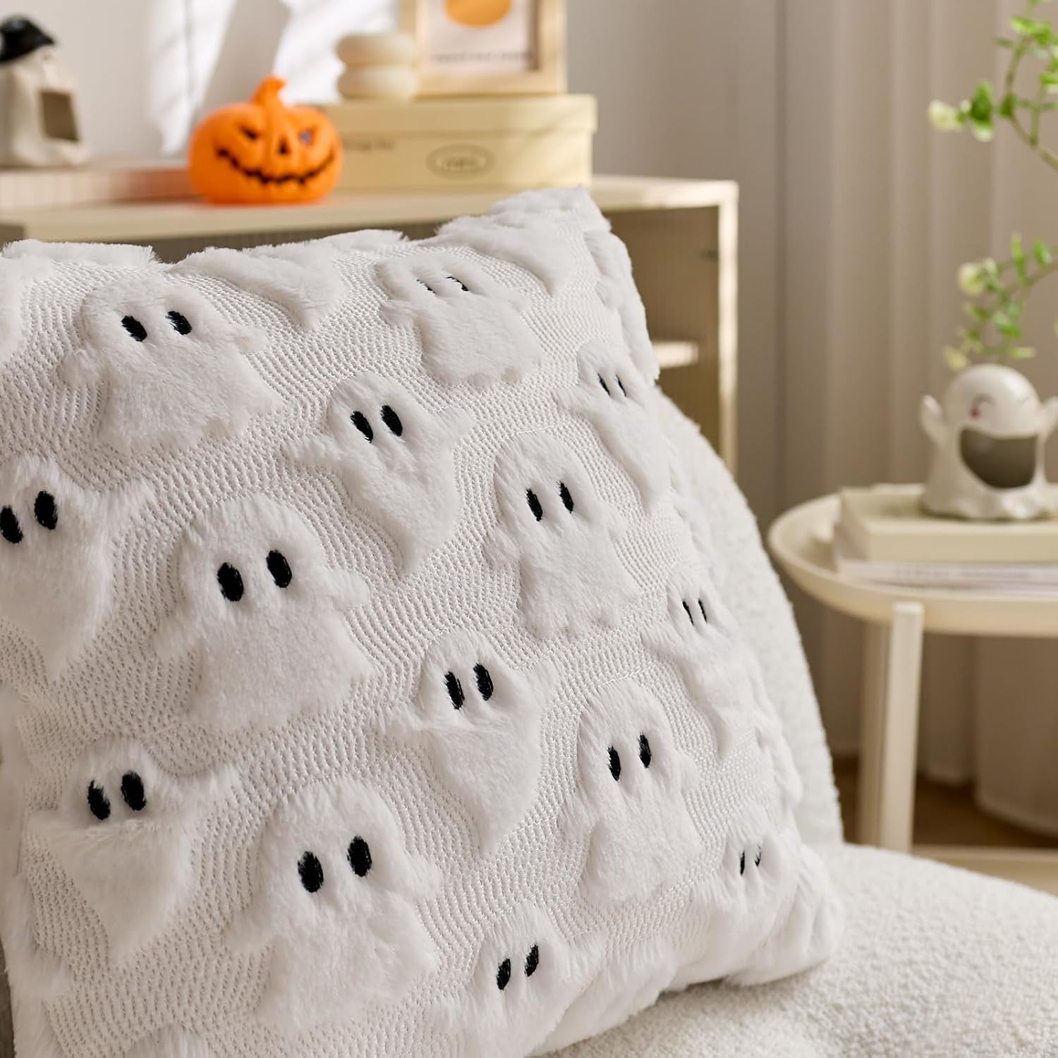 White Ghost Faux Fur Throw Pillow Covers - 18x18in, Set of 2