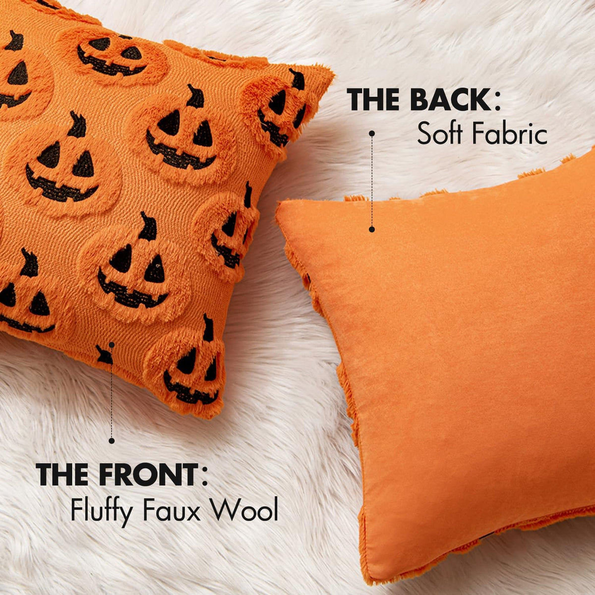 Pumpkin Patch Faux Fur Throw Pillow Covers - 18x18in, Set of 2 (Orange & Black)