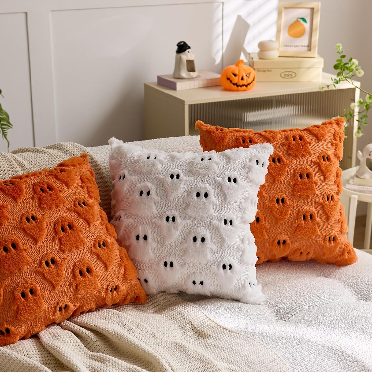 White Ghost Faux Fur Throw Pillow Covers - 18x18in, Set of 2