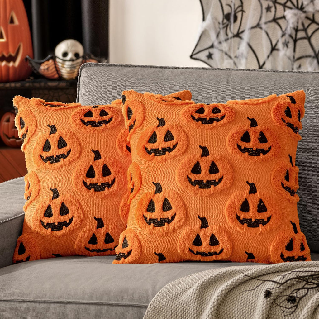 Pumpkin Patch Faux Fur Throw Pillow Covers - 18x18in, Set of 2 (Orange & Black)