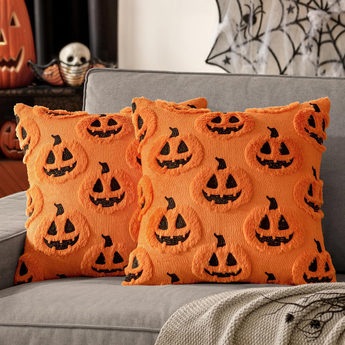 Pumpkin Patch Faux Fur Throw Pillow Covers - 18x18in, Set of 2 (Orange & Black)