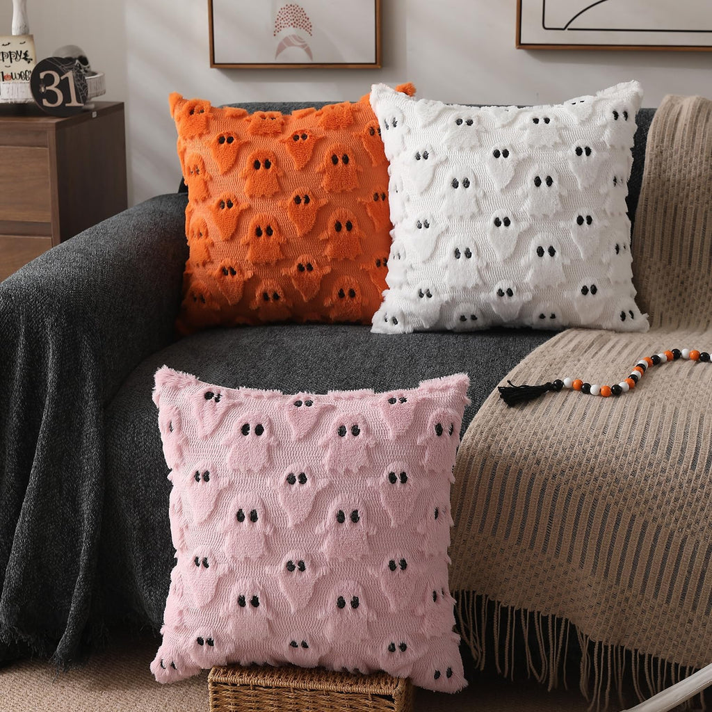 Orange Ghost Faux Fur Throw Pillow Covers - 18x18in, Set of 2